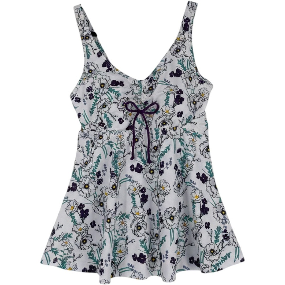 Floral‎ Print Swim Dress V-Neck Flared Swimsuit Top White Purple Teal